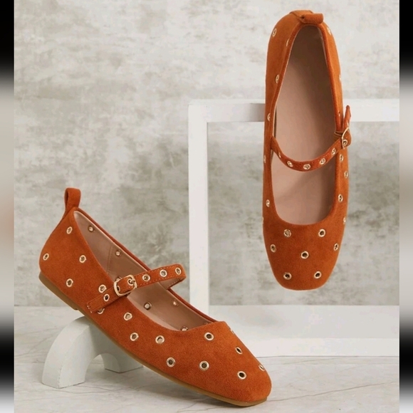 Women's Studded Grommet Suede Camel Mary Jane Flats– Edgy Chic,Comfortable - Picture 1 of 6